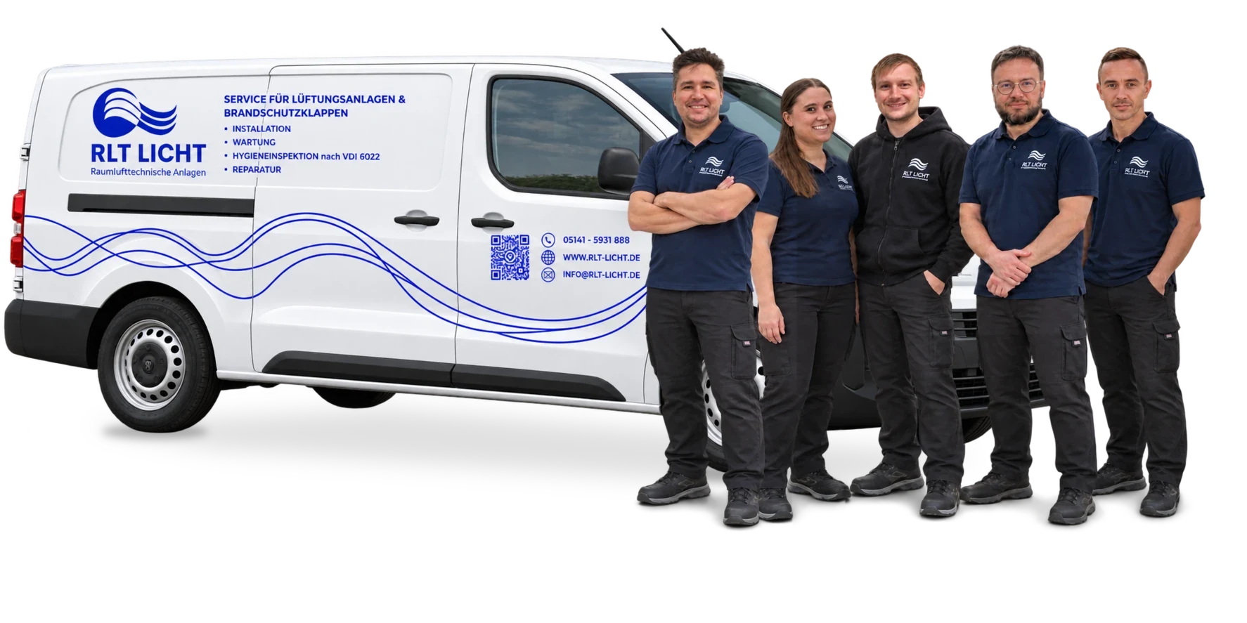 Das Team von RLT Licht mit Jan, Vivien, Christian, Christoph und Andre neben dem Firmenfahrzeug.